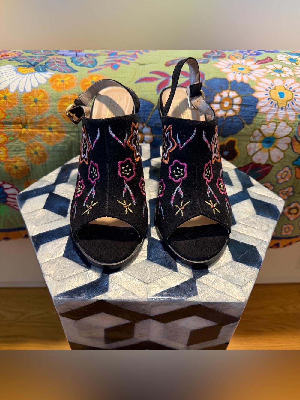 Yoki Embroidered Black Peep-Toe Slingback Mule